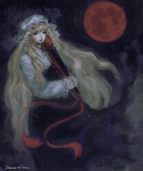  1girl blonde_hair commentary_request demonnnrice dress full_body hand_fan hat hat_ribbon highres holding holding_fan long_hair long_sleeves looking_at_viewer mob_cap moon muted_colors own_hands_together purple_background purple_dress purple_ribbon red_moon ribbon smile solo touhou two-tone_dress very_long_hair watatsuki_no_toyohime white_dress white_hat 