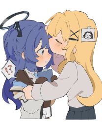  !? 2girls black_gloves black_halo black_jacket blonde_hair blue_archive blue_eyes blue_hair blue_halo blue_necktie blue_skirt blush clipboard closed_eyes collared_shirt commentary_request doodle_sensei_(blue_archive) female_sensei_(blue_archive) fish_hair_ornament gloves hair_between_eyes hair_ornament halo highres holding holding_clipboard jacket jacket_partially_removed kiss kissing_forehead long_hair long_sleeves looking_at_another mechanical_halo multicolored_halo multiple_girls necktie parted_lips sensei_(blue_archive) shirt sidelocks simple_background skirt speech_bubble tape teeth two-tone_halo two_side_up white_background white_jacket white_shirt x_hair_ornament yuri yuuka045692 yuuka_(blue_archive) 