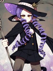 1girl akasata black_pantyhose black_skirt cape commentary_request drill_hair hat holding holding_staff long_hair looking_at_viewer mahou_shoujo_ikusei_keikaku mahou_shoujo_ikusei_keikaku_limited mana_(mahoiku) pantyhose pleated_skirt purple_hair skirt staff star_ornament twin_drills witch_hat wooden_staff yellow_eyes 