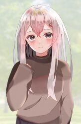  1girl blush brown_sweater echidna_(re:zero) green_background grey_eyes hair_between_eyes highres keu_(71053149) long_hair looking_at_viewer re:zero_kara_hajimeru_isekai_seikatsu sweater upper_body white_hair 