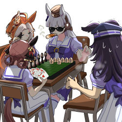  4girls ace_(playing_card) ace_of_hearts ahoge animal_ears black_hair blunt_bangs board_game bow bowtie braid braided_hair_rings breasts brown_hair brown_hat card chess_piece chessboard cigar closed_eyes closed_mouth ear_covers ear_ornament ears_through_headwear fenomeno_(umamusume) flipped_hair gentildonna_(umamusume) gold_ship_(umamusume) grey_hair hair_between_eyes hair_ornament hair_rings hat heart heart_ear_ornament holding holding_card horse_ears horse_girl horse_tail jack_(playing_card) jack_of_hearts king_(playing_card) king_of_hearts_(playing_card) long_hair mouth_hold multicolored_hair multiple_girls nieto_tokage orange_hair orfevre_(umamusume) peaked_cap pillbox_hat playing_card pleated_skirt poker puffy_short_sleeves puffy_sleeves purple_bow purple_bowtie purple_hair purple_shirt queen_(playing_card) queen_of_hearts_(playing_card) sailor_collar sailor_shirt school_uniform shirt short_sleeves single_ear_cover sitting skirt sunglasses tail ten_of_hearts thigh-highs tracen_school_uniform two-tone_hair umamusume white_hair white_skirt white_thighhighs 