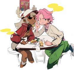  1boy 1girl animification antlers arrcticc_fish cousins dark dark-skinned_female dark_skin deer_antlers highres horns humanization leslie_(tawog) long_hair pants penny_fitzgerald pinkhair scene_reference shirt short_hair shorts simple_background the_amazing_world_of_gumball 