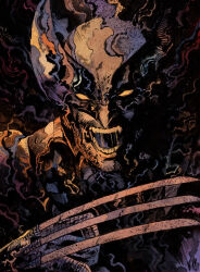  1boy 2021 abstract_background analogous_colors artist_logo beard black_background black_gloves bodysuit claw_(weapon) colorized dark_background dated english_commentary facial_hair gloves highres logo male_focus marvel mixed_media nib_pen_(medium) pen_(medium) portrait saliva saliva_trail shouting solo superhero_costume traditional_media vinartwork weapon wolverine_(x-men) x-men yellow_bodysuit 