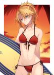  1girl beach bikini blonde_hair breasts citron_82 fate/apocrypha fate/grand_order fate_(series) green_eyes looking_at_viewer medium_breasts mordred_(swimsuit_rider)_(fate) navel ocean ponytail red_bikini saber_of_red smile solo sunset surfboard swimsuit 