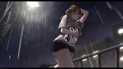 absurdres black_shorts blonde_hair bow covering_head cowboy_shot english_commentary eyes_visible_through_hair hair_bow hairband highres hololive hololive_indonesia kaela_kovalskia looking_ahead night open_mouth rain red_eyes red_hairband sanoh's_canvas shirt short_sleeves shorts smile tagme wet wet_clothes wet_shirt white_shirt 