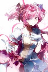  1girl bow breasts choker closed_mouth collarbone commentary dress english_text feiwusheng frilled_sleeves frills gloves goddess_madoka hair_bow hand_on_own_chest heterochromia highres kaname_madoka kaname_madoka_(magical_girl) long_hair mahou_shoujo_madoka_magica mahou_shoujo_madoka_magica_(anime) medium_breasts pink_dress pink_eyes pink_hair puffy_short_sleeves puffy_sleeves red_bow red_choker short_sleeves simple_background smile solo soul_gem_(madoka_magica) split_theme very_long_hair watermark white_background white_bow white_gloves yellow_eyes 