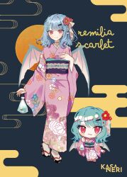  1girl absurdres alternate_costume bag bagged_fish bat_hair_ornament bat_wings blue_hair blush brown_sandals character_name chibi chibi_inset closed_mouth commentary_request fang fish floral_print floral_print_kimono flower full_body hair_flower hair_ornament highres japanese_clothes jewelry kimono long_sleeves looking_at_viewer multiple_views obi obijime pink_kimono print_kimono purple_sash red_eyes red_flower remilia_scarlet ring sandals sash skin_fang socks tabi tamagogayu1998 touhou white_socks wide_sleeves wings yukata 
