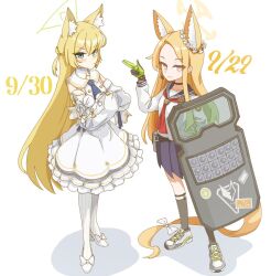  2girls animal_ear_fluff animal_ears ballistic_shield black_choker black_sailor_collar blonde_hair blue_archive choker commentary_request cosplay costume_switch cross_halo crossed_arms dated detached_sleeves dress ear_wreath earpiece extra_ears fox_ears fox_girl full_body gloves green_halo halo highres kurumi_(blue_archive) kurumi_(blue_archive)_(cosplay) long_hair looking_at_viewer multicolored_gloves multiple_girls neckerchief o2otsu red_neckerchief sailor_collar school_uniform seia_(blue_archive) seia_(blue_archive)_(cosplay) shield smile tactical_school_uniform triangle_halo two-tone_gloves two_side_up white_background white_dress yellow_halo 