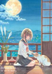  1girl aqua_eyes black_sailor_collar black_skirt brown_hair bug cat closed_mouth clouds commentary dango english_text engrish_text firefly flower food full_moon hand_on_lap highres k.nishiyama long_sleeves miniskirt moon neckerchief night no_shoes original outdoors petting pink_flower plate pleated_skirt ranguage red_neckerchief sailor_collar sailor_shirt school_uniform seiza serafuku shirt short_hair shouji sitting skirt sky sliding_doors smile socks solo traditional_media tsukimi tsukimi_dango vase village wagashi watermark white_shirt white_socks wide_shot wooden_floor 