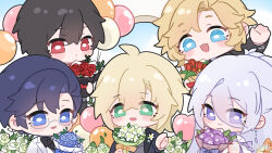  5boys :/ :d ahoge alkaid_mcgrath alkaid_mcgrath_(proverb_of_the_ages) ayn_alwyn ayn_alwyn_(proverb_of_the_ages) balloon black_bow black_bowtie black_hair black_jacket black_necktie blonde_hair blue_eyes blue_flower blue_hair blush bouquet bow bowtie cael_anselm cael_anselm_(proverb_of_the_ages) chibi chibi_only chinese_commentary clarence_clayden clarence_clayden_(proverb_of_the_ages) closed_mouth clouds commentary_request curtained_hair flower glasses green_eyes grey_vest hair_between_eyes half_updo heart_balloon highres holding holding_bouquet jacket lapels lars_rorschach lars_rorschach_(proverb_of_the_ages) long_hair long_hair_between_eyes long_sleeves looking_at_viewer lovebrush_chronicles male_focus medium_hair mole mole_under_eye multiple_boys necktie offering_hand open_clothes open_jacket parted_lips peaked_lapels purple_flower purple_shirt red_eyes red_flower red_rose red_tulip rose shirt short_hair smile tulip upper_body very_long_hair vest violet_eyes watermark waving weibo_watermark white_flower white_hair white_jacket white_rose white_shirt xiuxiuxiujiu 