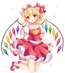  1girl :o ascot blonde_hair blush bobby_socks crystal flandre_scarlet frilled_skirt frills full_body hat looking_at_viewer mayo_(miyusa) mob_cap red_eyes red_shoes red_skirt shoes side_ponytail simple_background skirt skirt_set smile socks solo touhou vest white_background white_hat white_legwear wings wrist_cuffs 