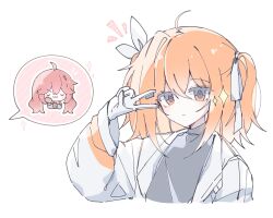  2girls a.i._voice adachi_rei commentary gloves hair_brush hand_up highres holding holding_hair_brush kasane_teto looking_at_viewer mei_(meiday_mise) multiple_girls one_side_up orange_eyes orange_hair out_of_frame red_hair solo_focus sparkle untranslatable_commentary utau v white_gloves 