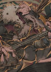  1boy absurdres cape commentary crown deadlock_(game) elliboon english_commentary fur-trimmed_cape fur_trim furry furry_male guitar highres holding holding_guitar holding_instrument instrument looking_at_viewer male_focus mouse_boy playing_guitar playing_instrument rat_king_(deadlock) solo whiskers yellow_eyes 