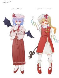  2girls ascot bat_wings blonde_hair blue_hair bow character_name chuurippi closed_mouth collared_shirt commentary_request crystal crystal_wings dated drill_hair fang fang_out fangs flandre_scarlet frilled_shirt_collar frills full_body hat hat_bow hat_ribbon highres laevatein_(touhou) long_sleeves looking_at_viewer mob_cap multicolored_wings multiple_girls one_side_up open_mouth pink_hat pointy_ears puffy_short_sleeves puffy_sleeves red_ascot red_bow red_eyes red_shoes red_skirt red_vest remilia_scarlet ribbon shirt shoes short_sleeves siblings signature sisters skirt smile socks touhou vest white_hat white_shirt white_socks wings 