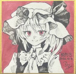  1girl ascot closed_mouth collared_shirt commentary_request dated flandre_scarlet frilled_shirt_collar frills hat hat_ribbon looking_at_viewer mob_cap one_side_up red_eyes ribbon shikishi shirt signature smile solo t_terano touhou traditional_media translation_request upper_body vest 
