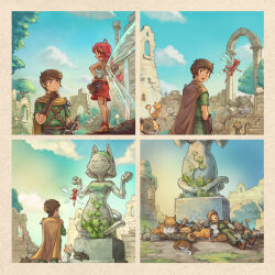  1boy 1girl absurdres ahoge anklet armor bag belt blue_eyes blue_sky boots bracer braid breasts brick brick_wall brown_belt brown_boots brown_cape brown_eyes brown_gloves brown_hair cape clouds cloudy_sky david_revoy fairy fairy_wings fingerless_gloves flying full_body gloves green_pants green_shirt hand_on_own_face hand_on_own_hip handbag highres jewelry litchee_(minifantasytheater) long_hair looking_at_another mini_person minifantasytheater minigirl multiple_others open_mouth outdoors pants pepper&amp;carrot pink_hair pointing pointy_ears red_skirt ruins scabbard sheath sheathed shirt short_hair shoulder_armor single_braid skirt sky statue stone_wall sword tank_top tree weapon white_tank_top wings 