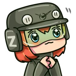  artist_request assault_visor buhanka-chan chibi collared_sweater first-party_extraction green_sweater helmet interlocked_fingers light_blush orange_hair original own_hands_together russian_ground_forces russo-ukrainian_war shiny_eyes smile sticker sweater z_(russian_symbol) 