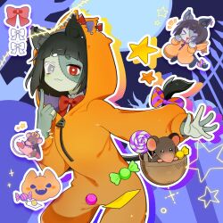  1girl animal_ears basket black_hair bow candy colored_skin ecto_(vtuber) food green_skin grey_eyes halloween heterochromia highres indie_virtual_youtuber jack-o'-lantern kinako_(75g7oo7krmu827j) lollipop mouse_(animal) mouse_ears mouse_girl mouse_tail onesie orange_pajamas pajamas patchwork_skin red_bow red_eyes second-party_source sparkle star_(symbol) stitched_face stitched_fingers stitches tail tail_bow tail_ornament virtual_youtuber white_bow 