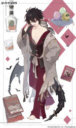  1boy absurdres alchemy_stars alcohol animal_on_shoulder argyle_background barefoot bat_(animal) black_hair black_shirt book border bottle coat commentary copyright_logo copyright_notice egg english_commentary fringe_trim grey_coat hat highres logo low_wings nightcap official_art one_eye_closed open_mouth pajamas pants partially_cracked_egg partially_unbuttoned pillow pointy_ears red_eyes red_pants shirt short_hair simple_bat single_off_shoulder single_wing tail tail_ornament vic_(alchemy_stars) wings yawning 