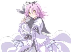  1girl black_ribbon dress eiyuu_densetsu gothic_lolita hair_ribbon highres himo holding holding_stuffed_toy hugging_doll hugging_object juliet_sleeves lolita_fashion long_hair long_sleeves looking_at_viewer puffy_sleeves purple_hair renne_(eiyuu_densetsu) ribbon smile solo sora_no_kiseki stuffed_animal stuffed_rabbit stuffed_toy white_dress yellow_eyes 