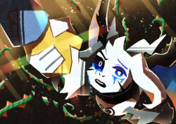 1boy 1other absurdres androgynous animal_ears asriel_dreemurr asriel_dreemurr_(god_of_hyperdeath) black_sclera blue_eyes blue_sweater colored_sclera colored_skin commentary_request crying crying_with_eyes_open frisk_(undertale) furry furry_male highres holding_hands horns long_sleeves open_mouth plant spoilers sweater tears teeth thorns undertale upper_teeth_only utdr_(toby_fox) vines watawata22 white_eyes yellow_skin 