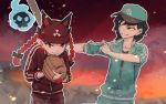  2girls :3 alternate_costume animal_ears baseball_bat baseball_cap baseball_glove black_hair braid cat_ears green_eyes hat jacket kaenbyou_rin long_hair meitei multiple_girls murasa_minamitsu pointy_ears red_eyes redhead short_hair skull smile smirk touhou track_jacket track_suit twin_braids 