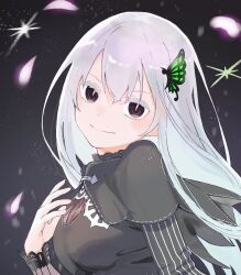  1girl black_background black_dress breasts bug butterfly butterfly_hair_ornament commentary_request dress echidna_(re:zero) glowing glowing_petals green_butterfly hair_between_eyes hair_ornament hand_on_own_chest highres long_hair looking_at_viewer medium_breasts petals pink_petals re:zero_kara_hajimeru_isekai_seikatsu smile solo white_hair zarame_(komayaba) 