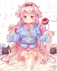  1girl alternate_hair_length_(longer) black_hairband blue_shirt blush buttons closed_mouth collared_shirt commentary_request disembodied_linked_eye eyeball frilled_shirt_collar frilled_skirt frilled_sleeves frills hair_ornament hairband heart heart_button heart_hair_ornament highres kaenbyou_rin kaenbyou_rin_(cat) kemo_chiharu kneehighs komeiji_satori long_hair long_sleeves looking_at_viewer pink_eyes pink_hair pink_skirt reiuji_utsuho reiuji_utsuho_(bird) ribbon-trimmed_collar ribbon_trim shirt signature sitting skirt socks solo touhou very_long_hair white_socks wide_sleeves 