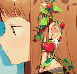  1girl aged_up blue_background blush brown_eyes brown_hair close-up doujima_nanako ear_focus hair_down happy_birthday highres light_smile long_hair looking_ahead persona persona_4 school_uniform shadow sidelocks solo sparkle tomato tomato_plant ubi_(ruoxier123) yasogami_school_uniform 