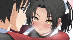  1girl absurdres arms_around_neck black_hair blue_archive blush close-up commentary_request dark-skinned_female dark_skin halo heavy_breathing hey_i_could_have_died_(meme) highres japanese_clothes korean_commentary looking_at_another meme natsuki_(blue_archive) parted_lips pink_halo ponytail poorunii scene_reference sensei_(blue_archive) sensei_(blue_archive_the_animation) simple_background smile sweat towel towel_around_neck transparent_background yellow_eyes 