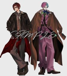  2boys absurdres an_d_o bans belt black_gloves black_necktie blue_scarf brown_belt brown_coat brown_hair brown_jacket brown_shoes closed_mouth clothes_around_waist coat coat_on_shoulders collared_shirt commentary facial_mark full_body gloves green_eyes green_hair green_lips green_shirt hands_in_pockets highres indie_virtual_youtuber jacket joe_rikiichi lipstick long_sleeves looking_to_the_side makeup male_focus multicolored_hair multiple_boys necktie nijisanji official_alternate_costume official_art open_clothes open_jacket own_hands_together pink_background pink_hair pink_jacket pink_suit plaid_clothes plaid_necktie plaid_skirt red_necktie red_shirt sample_watermark scarf shirt shirt_around_waist shoes short_hair simple_background skirt standing striped_clothes striped_necktie suit teardrop_facial_mark tenkai_tsukasa virtual_youtuber watermark white_background white_shirt 