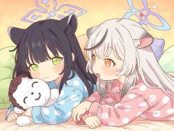  2girls :d animal_ear_fluff animal_ears black_hair blue_archive blue_pajamas blush character_doll closed_mouth doll doodle_sensei_(blue_archive) green_eyes halo kokona_(blue_archive) long_hair lying multiple_girls on_bed on_stomach onyhakase orange_eyes pajamas pillow pink_pajamas sensei_(blue_archive) shun_(blue_archive) shun_(small)_(blue_archive) smile tiger_ears white_hair 