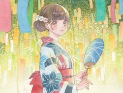  1girl bamboo bow brown_eyes brown_hair closed_mouth commentary flower hair_flower hair_ornament hand_fan holding holding_fan japanese_clothes k.nishiyama kimono long_sleeves looking_at_viewer multicolored_kimono obi obijime original painting_(medium) paper_fan pink_flower print_kimono red_bow red_kimono red_sash sash short_hair smile solo tanabata tanzaku traditional_media uchiwa upper_body watercolor_(medium) white_flower 