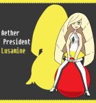  1girl aether_foundation ball black blonde_hair lusamine_(pokemon) pokemon red space_hopper yellow 