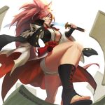  1girl baiken breasts cleavage eyepatch goggles guilty_gear guilty_gear_xrd highres katana large_breasts long_hair looking_at_viewer looking_down loped pink_eyes pink_hair sandals sharp_teeth solo sword tatami teeth thighs toes weapon 