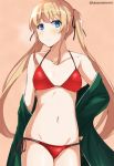  1girl bikini blonde_hair blue_eyes cowboy_shot flat_chest green_jacket groin jacket long_hair navel pose red_bikini saenai_heroine_no_sodatekata sawamura_spencer_eriri solo swimsuit tasora twintails twitter_username 