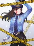  1girl alternate_costume blush breast_pocket breasts brown_eyes brown_hair caution_tape cowboy_shot d.va_(overwatch) facepaint hanato_(seonoaiko) hat keep_out long_hair medium_breasts officer_d.va open_mouth overwatch pocket solo standing whisker_markings 