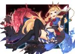  1girl bangs black_boots black_gloves black_legwear blonde_hair blue_skirt book boots cagliostro_(granblue_fantasy) capelet crown floating_hair gloves granblue_fantasy grin headpiece highres legs_crossed lio_(rumei2265874644) long_hair looking_at_viewer open_book open_mouth partly_fingerless_gloves skirt smile solo star teeth thigh-highs thigh_boots thighs violet_eyes 