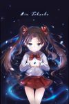  1girl blue_eyes brown_hair character_name cupping_hands fate/zero fate_(series) gem highres long_hair miniskirt ribbon shirt skirt smile solo thin_gap tohsaka_rin twintails younger 