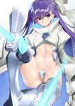  1girl armor armored_boots blue_eyes boots crotch_plate fate/extra fate/extra_ccc fate_(series) hair_ribbon long_hair looking_at_viewer meltlilith navel purple_hair revealing_clothes ribbon shiny shiny_hair shunichi simple_background solo very_long_hair white_background 