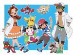  1girl 2boys djmn_c hanako_(pokemon) kukui_(pokemon) litten mr._mime multiple_boys pikachu pokemon pokemon_(anime) pokemon_(game) pokemon_sm pokemon_sm_(anime) rockruff rotom_dex rowlet satoshi_(pokemon) 