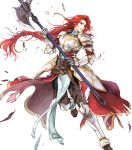  1girl armor armored_boots axe battle_axe belt boots breastplate broken broken_armor broken_weapon fire_emblem fire_emblem:_souen_no_kiseki fire_emblem_heroes full_body gauntlets green_eyes halberd highres holding holding_weapon long_hair looking_away official_art pants polearm redhead solo tiamat_(fire_emblem) titania torn_clothes transparent_background very_long_hair wada_sachiko weapon 