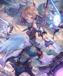  1girl airship angel angel_wings armor artist_request brown_hair clouds cloudy_sky cygames frills hair_ornament looking_back official_art sahaquiel_(shadowverse) shadowverse shingeki_no_bahamut short_hair sky thigh-highs violet_eyes wings 