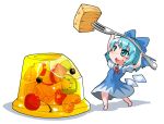  1girl :d bird blue_bow blue_dress blue_eyes blue_hair bow bowtie cherry cirno dress food fork fruit hair_bow ice ice_wings kiwi open_mouth pudding puffy_short_sleeves puffy_sleeves red_bow red_bowtie shinapuu short_sleeves smile solo strawberry touhou wings 