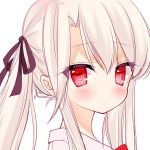  1girl bangs black_ribbon blush close-up closed_mouth commentary_request eyebrows_visible_through_hair fate/kaleid_liner_prisma_illya fate_(series) from_side hair_between_eyes hair_ribbon highres illyasviel_von_einzbern long_hair looking_at_viewer mimelond red_eyes ribbon sidelocks simple_background solo twintails upper_body white_background 