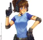  1girl bandaid bandaid_on_arm bandaid_on_face belt belt_pouch black_gloves blue_eyes blush breasts brooke_(mleth) brown_hair cz-75 ear_protection elbow_pads eyebrows_visible_through_hair gloves gun handgun headset highres long_hair magazine_(weapon) mleth original pistol ponytail raglan_sleeves shirt small_breasts solo t-shirt trigger_discipline weapon white_background 