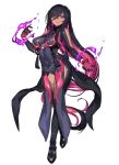  1girl black_hair boots breasts dark_skin full_body highres katagiri_hachigou long_hair looking_at_viewer multicolored_hair open_mouth personification pink_hair pokemon salazzle simple_background smile solo tagme thigh-highs thigh_boots white_background 