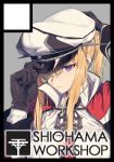  1girl adjusting_clothes adjusting_hat black_gloves blonde_hair circle_cut circle_name gloves graf_zeppelin_(kantai_collection) hat hat_over_one_eye highres jpeg_artifacts kantai_collection ladic peaked_cap sidelocks solo violet_eyes 