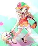  1girl :d bag bare_arms bare_shoulders beak bird blonde_hair braid female_protagonist_(pokemon_ultra_sm) fingernails flower full_body grass green_eyes handbag hat hat_flower hibiscus leaf long_hair looking_away looking_to_the_side nail_polish open_mouth orange_nails orange_shirt outdoors owl pokemon pokemon_(creature) pokemon_(game) pokemon_sm pokemon_ultra_sm rowlet sandals shirt shorts smile tank_top teeth tiptoes toenail_polish toenails tongue twin_braids walking white_shorts zanthu 