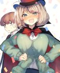  1girl bei_mochi blue_eyes blush bow bowtie breasts cape fang green_eyes grey_hair hat highres large_breasts long_sleeves looking_at_viewer open_mouth school_uniform smile sweat tejina_senpai top_hat uniform 